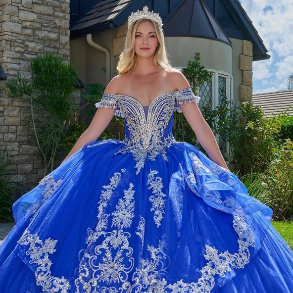 New Royal Blue Quinceanera Tulle Gown w/ Layered Gown w/ Boned Bodice GL3805 - Picture 4 of 13